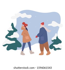 Isolated vector illustration of people wearing warm winter clothes. People walk outside in cold season. Winter time fashion