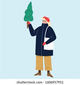 Isolated vector illustration of people wearing warm winter clothes. Happy winter activities, Christmas celebration. Warmly dressed woman with Christmas tree