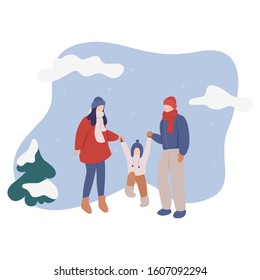 Isolated vector illustration of people wearing warm winter clothes. People walk outside in cold season. Winter time fashion