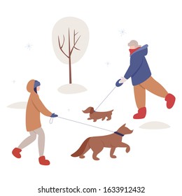 Isolated vector illustration of people wearing warm winter clothes. People walk outside in cold season. Winter time fashion