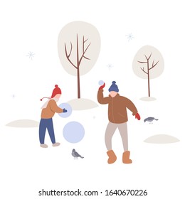 Isolated vector illustration of people wearing warm winter clothes. People walk outside in cold season. Winter time fashion