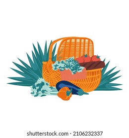 Isolated vector illustration picnic basket with food and green salad