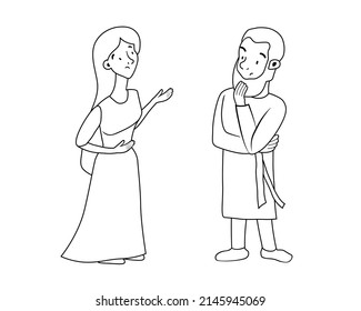 Isolated vector illustration. Picture for Sunday school. Joseph and Mary. Children's Bible. Birth of Jesus Christ. Christian bible character. Cute, kind, print, coloring, black and white, liner, line