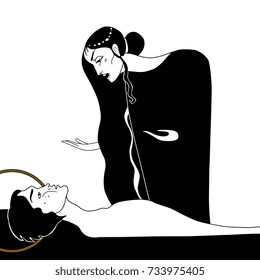 Isolated vector illustration. Pieta. Goddess mourning over dead God. Male and female archetypes. Adonis and Persephone. Salome and Iokanaan.  Hand drawn original style art. 