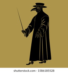 Isolated Vector Illustration. Plague Doctor. Medieval Spooky Costume With Long Beak. Monochrome Black And Gold Silhouette.