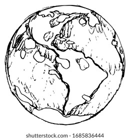Ilustración vectorial aislada. Planeta Tierra. Mapa de continentes. Vista desde el espacio. Dibujo de tinta de doodle lineal dibujado a mano. Silueta negra sobre fondo blanco. Hemisferio occidental.