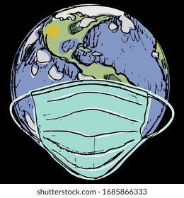  Vektorillustration einzeln. Planet Erde mit medizinischer Gesichtsmaske. Kreatives Konzept. Handgezeichnete bunter Skizze.