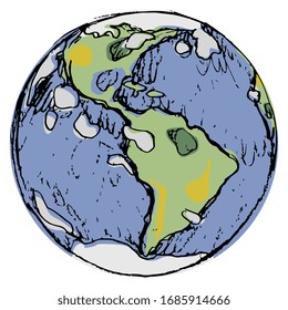 Isolated vector illustration. Planet Earth. Map of continents. View from space. Western hemisphere. Hand drawn colorful sketch.
