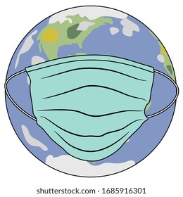 Isolated vector illustration. Planet Earth wearing medical mask for face. Creative concept. Cartoon style.