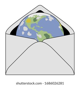 Isolated vector illustration. Planet Earth inside paper envelope. Creative concept.
