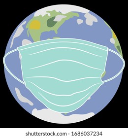 Ilustración vectorial aislada. Planeta Tierra con máscara médica para la cara. Concepto creativo. Estilo de caricatura.