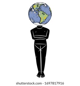 Ilustración vectorial aislada. El planeta Tierra como diosa viviente. Viejo ídolo Cíclico griego con cabeza como globo. Gaia.