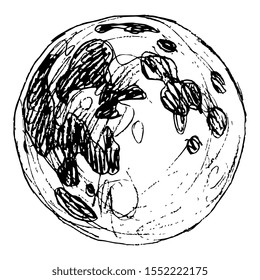 Isolated vector illustration. Planet Moon. Hand drawn linear doodle ink sketch.  Black silhouette on white background.