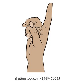 Isolated vector illustration. Pointing up Caucasian female hand. Human gesture. Cartoon style.