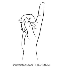 Isolated vector illustration. Pointing up female hand. Linear sketch. Black and white silhouette. Human gesture. Cartoon style.