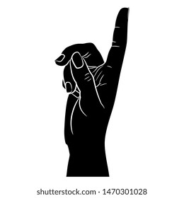 Isolated vector illustration. Pointing up female hand. Linear sketch. Black and white silhouette. Human gesture. Cartoon style.