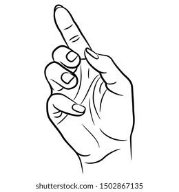 Isolated vector illustration. Pointing up human hand. Black and white linear sketch.