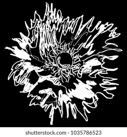 Isolated vector illustration of a poppy flower. Based on hand drawn linear doodle style sketch. White silhouette on black background.