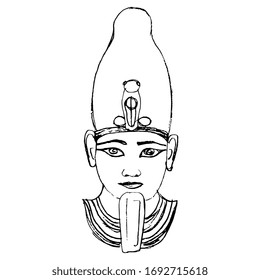 Isolated vector illustration. Portrait of ancient Egyptian pharaoh. Head of god Osiris. Hand drawn linear doodle ink sketch. Black silhouette on white background.