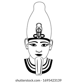 Isolated vector illustration. Portrait of ancient Egyptian pharaoh. Head of god Osiris. Black and white silhouette.