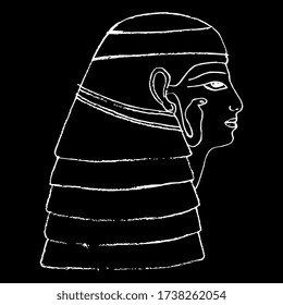 Isolated vector illustration. Portrait of ancient Egyptian lady. Beautiful female head in profile. Hand drawn linear doodle sketch. White silhouette on black background.