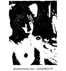 Isolated vector illustration. Portrait of a beautiful funny young Caucasian girl sitting at a table. Black and white silhouette. Hand drawn sketch.