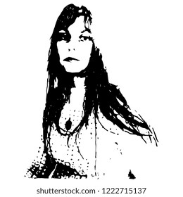 Isolated vector illustration. Portrait of a beautiful sad Caucasian woman with long hair. Hand drawn sketch. Black and white silhouette.