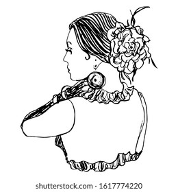 Isolated vector illustration. Portrait of a beautiful girl in Spanish stage costume. Tribal dancer. Hand drawn linear doodle ink sketch. Black silhouette on white background.