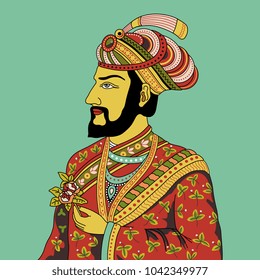 Isolated vector illustration. Portrait of medieval Indian Prince holding a rose. 