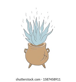 Isolated vector illustration of potion in pot. Magic design element. Vector witch symbol. Isolated occult icon.