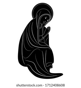 Isolated vector illustration. Praying saint Virgin Mary. Sitting Madonna. Black and white silhouette.