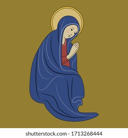 Isolated vector illustration. Praying saint Virgin Mary. Sitting Madonna.