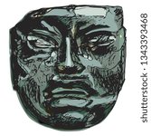 Isolated vector illustration. Pre Columbian Olmec jade mask. Ancient tribal art of Mexican Indians. Hand drawn art. 
