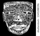 Isolated vector illustration. Pre Columbian Mexican mosaic mask from Teotihuacan. Hand drawn linear sketch. White silhouette on black background.