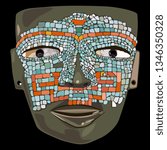 Isolated vector illustration. Pre Columbian Mexican mosaic mask from Teotihuacan. Hand drawn art. On black background.