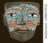 Isolated vector illustration. Pre Columbian Mexican mosaic mask from Teotihuacan. Hand drawn art. On dark background.