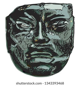 Isolated vector illustration. Pre Columbian Olmec jade mask. Ancient tribal art of Mexican Indians. Hand drawn art. 