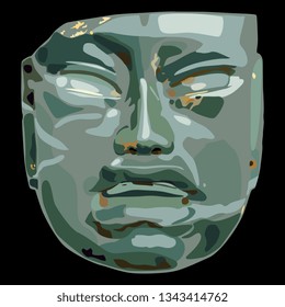 Isolated vector illustration. Pre Columbian Olmec jade mask. Ancient tribal art of Mexican Indians. Flat cartoon style. On black background.