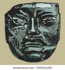 Isolated vector illustration. Pre Columbian Olmec jade mask. Ancient tribal art of Mexican Indians. Hand drawn art. 