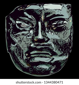 Isolated vector illustration. Pre Columbian Olmec jade mask. Ancient tribal art of Mexican Indians. Hand drawn art. On black background.