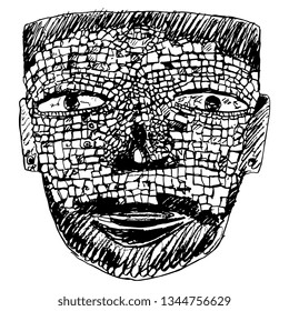 Isolated vector illustration. Pre Columbian Mexican mosaic mask from Teotihuacan. Hand drawn linear sketch. Black silhouette on white background.