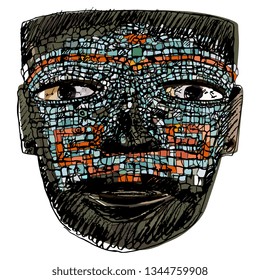 Isolated vector illustration. Pre Columbian Mexican mosaic mask from Teotihuacan. Hand drawn art.