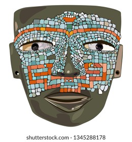 Isolated vector illustration. Pre Columbian Mexican mosaic mask from Teotihuacan. Hand drawn art.