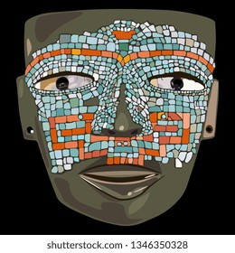 Isolated vector illustration. Pre Columbian Mexican mosaic mask from Teotihuacan. Hand drawn art. On black background.