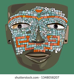 Isolated vector illustration. Pre Columbian Mexican mosaic mask from Teotihuacan. Hand drawn art. 