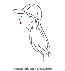 Isolated vector illustration. Pretty girl in a cap. Closeup female portrait. Hand drawn linear doodle sketch. Black silhouette on white background. beautiful girl in a cap, vector sketch illustration