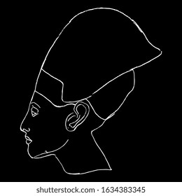 Isolated vector illustration. Profile head of pharaoh Akhenaten in tiara. Ancient Egyptian king Amenhotep IV. Hand drawn linear doodle sketch. White silhouette on black background.