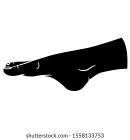 Isolated vector illustration. Profile of human female foot with stretched pointed toes. Black and white silhouette.