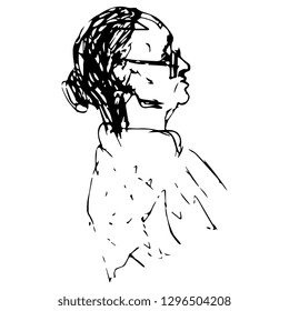Isolated vector illustration. Profile of an old woman with glasses. Hand drawn doodle sketch. Black silhouette on white background.

