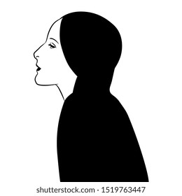 Isolated vector illustration. Profile portrait of a beautiful brunette girl. Black and white silhouette.
